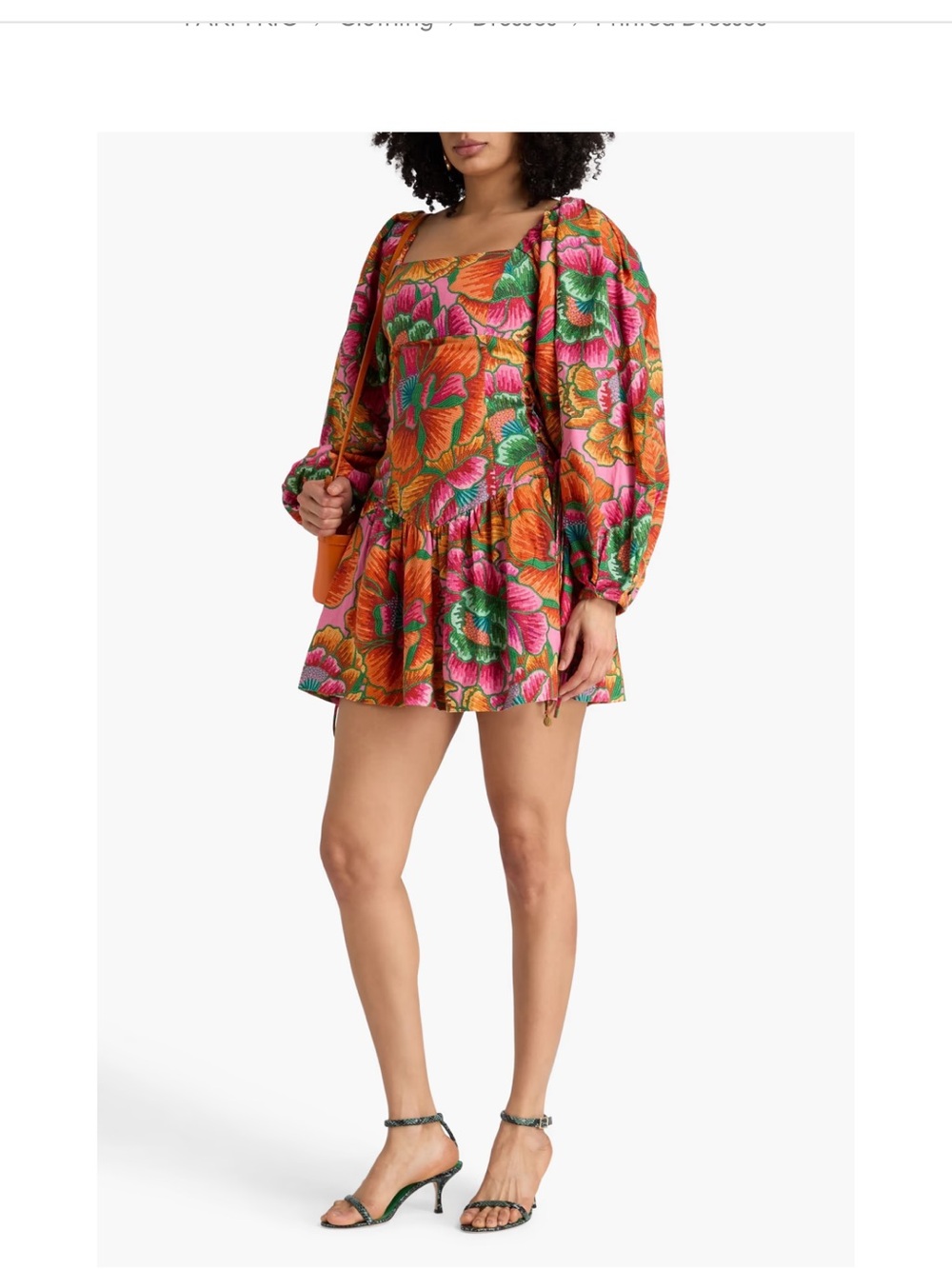 FARM Rio Orange Pink Green Floral Puff-Sleeve Mini Dress - Picture 5 of 8